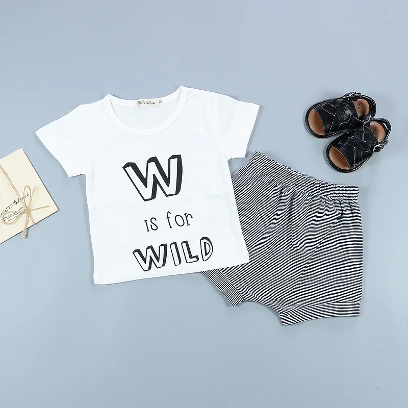 CieiK Summer Baby Girls Clothes Set 2PCS Short T shirt + Pant Letter Newborn Boys Костюмы Хлопок Младенец Полосатая