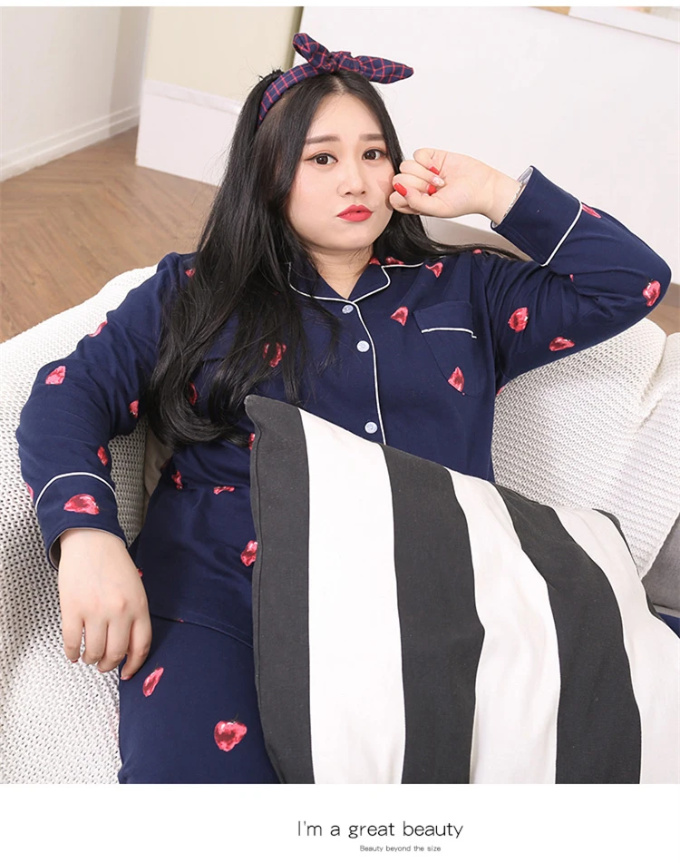 Autumn New Women's Plus Size 5XL Cotton Pajama Set Women's Fat MM Lapel Strawberry Pajamas Two-Piece Home Wear JW340