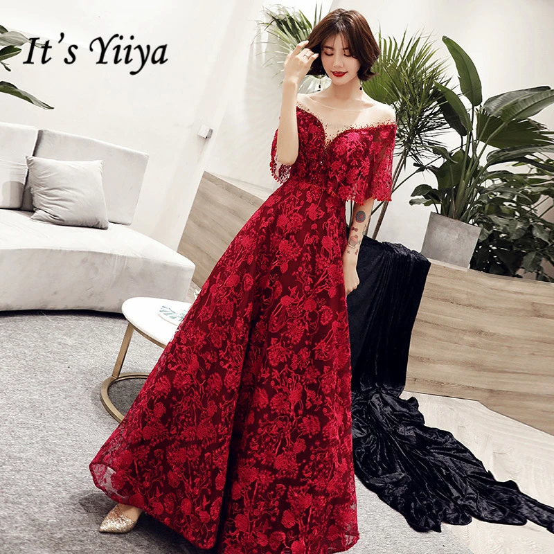 

It's YiiYa Evening Dresses Sexy V-neck Crystal Short Sleeve Prom Dress Royal Embroidery Lace up Illusion A-line Party Gowns E360