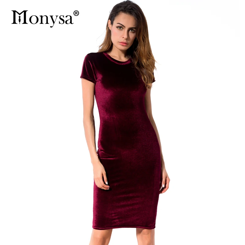 Vestido ceñido al cuerpo con manga corta 2018 otoño nueva moda vestido terciopelo hasta la rodilla mujeres Casual lápiz vestido rojo marrón|women bodycon dress|pencil dressbodycon dress - AliExpress