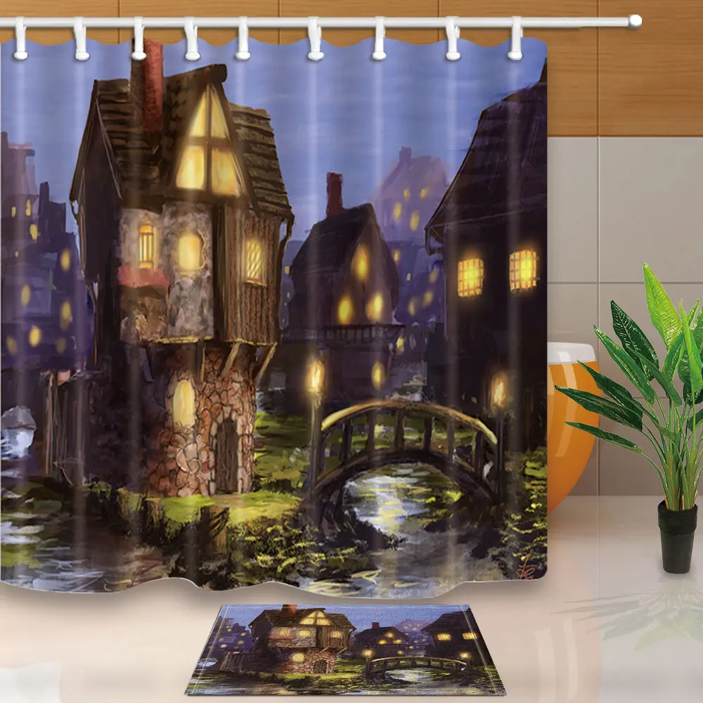 Halloween Shower Curtains Vintage Wooden House Painting Bathroom