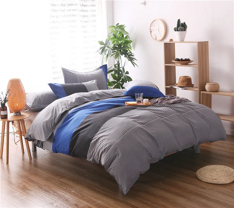 Japanese Simple Stripes Style Blue+gray Duvet Cover Set 3pcs Bed Set