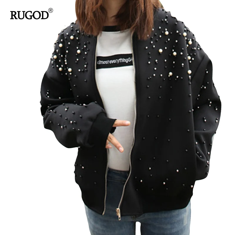 RUGOD новая популярная женская куртка-бомбер с алмазным бисером Весенняя Повседневная Свободная бейсбольная куртка на молнии с длинным рукавом Casaco Feminino - Цвет: black