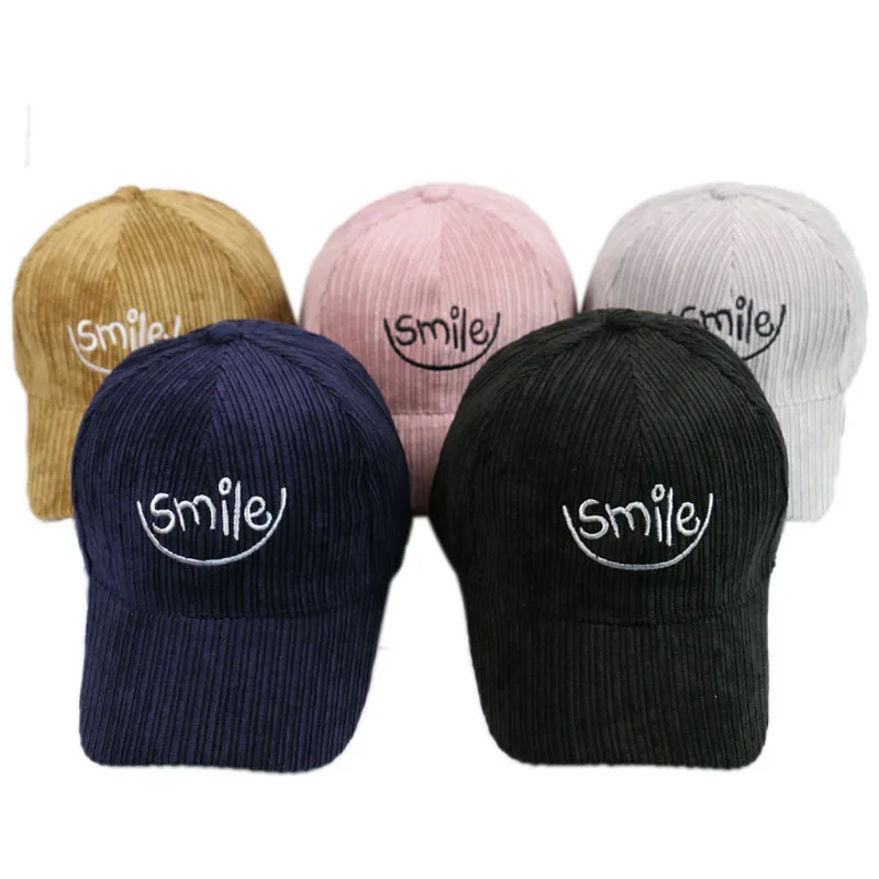 

HUOBAO Fashion Corduroy Art Baseball Hat Smile Letter Embroidery Sun Cap Cabbie Newsboy Cap Snapback Gorras Hat