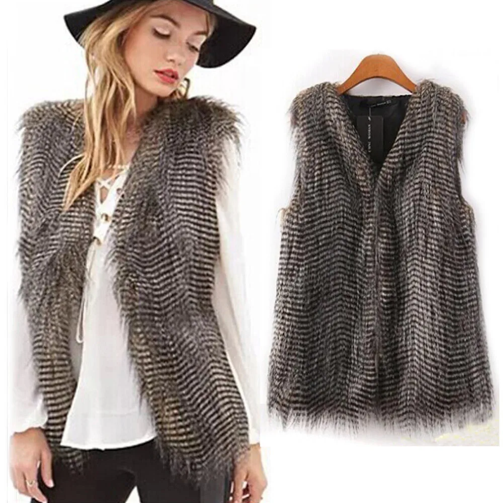 Winter Womens White Sleeveless Vest Faux Fur Slim Vest Coat Female Long Waistcoat Outwear Jacket Waistcoat