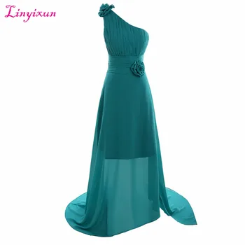 

Linyixun Real Photo Sexy One Shoulder Sleeveless Evening Dresses 2017 Chiffon Elegant Pleat Flowers A line Long Prom Dresses
