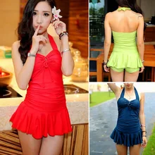 Removable Padding Halter Swimdress Flouncing Boy Shorts Womens Swimsuit Swimwear