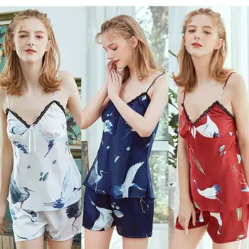 

2pcs summer women's silk pajamas set Sling sleepwear Shorts clothing home suit