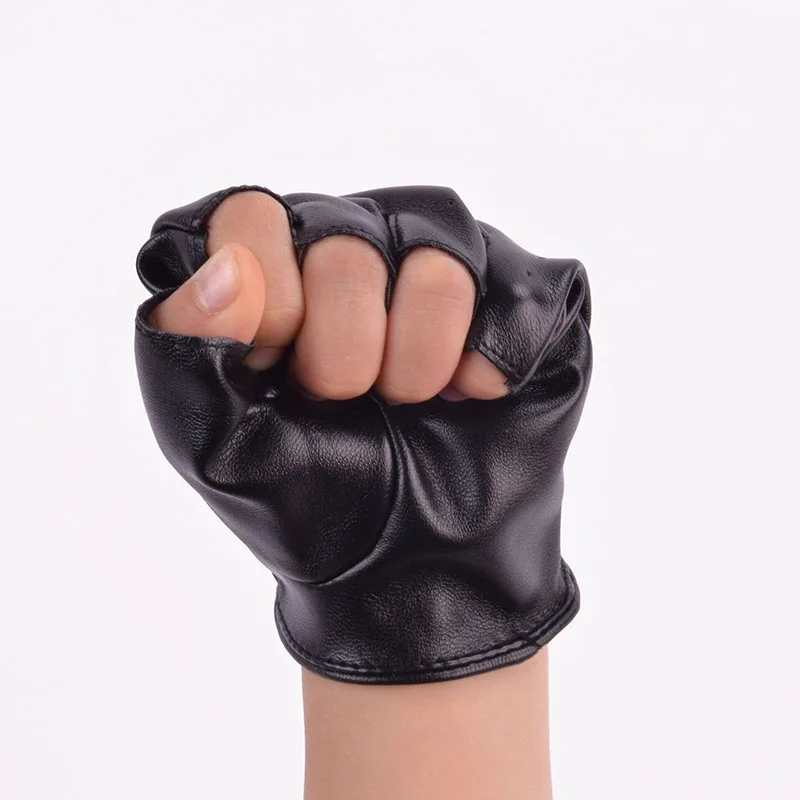 Прохладный моложе мальчик девочка кожаные перчатки без пальцев детей наполовину палец черный варежки для От 5 до 13 лет