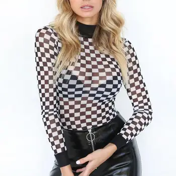 

2019 Sexy Plaid Bodysuit Women Long Sleeve Bodysuits Stretch Ladies Leotard Cropped Tops Black White shirt Transparent Jumpsuit