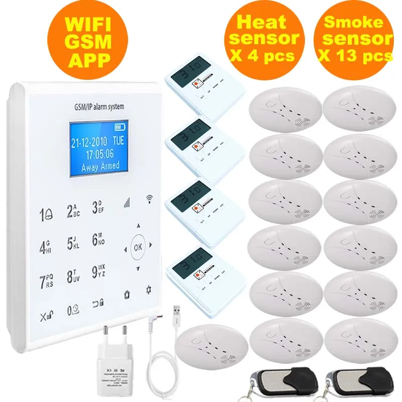 

Qolelarm WIFI GSM SMS APP wireless burglar home security alarm system with smoke sensor+ temperature sensor