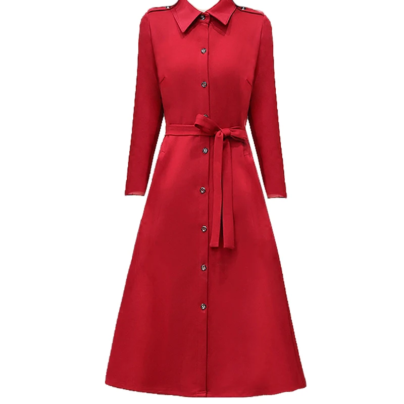 

Long-sleeved dress spring and autumn new single-breasted square collar temperament waist slimming ladies long Shirt style dress