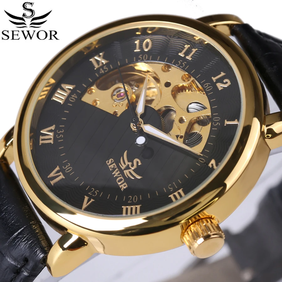 Módní SEWOR Gold Bezel Muži Luxusní značky Roman Number hodinky Automatické mechanické hodinky Originální kožený řemínek Relogio 2017
