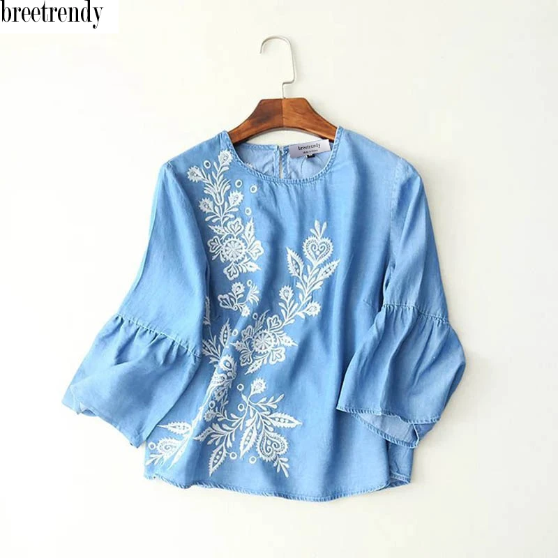 

breetrendy women sweet floral embroidery o neck flare sleeve denim blouse ladies casual match all thin jeans blouses shirt