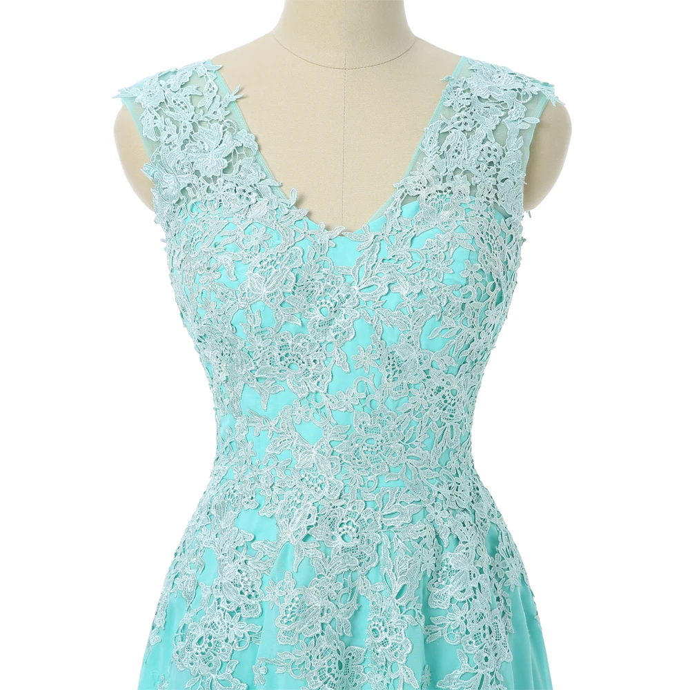 Turquoise A-line Cap Sleeves V-neck Chiffon Lace Long Bridesmaid Dress
