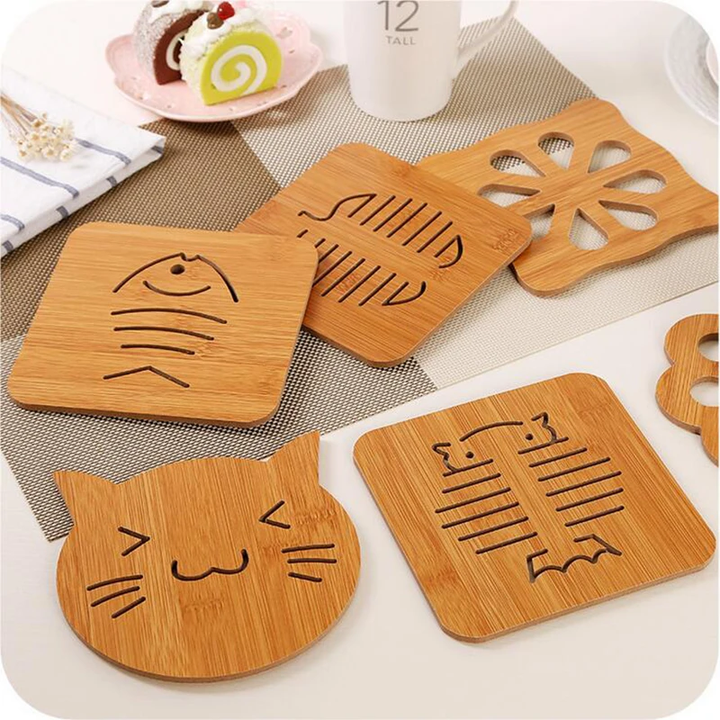Cute Shape Natural Bamboo wooden Non Slip Cup Mat Drink Coasters Animal