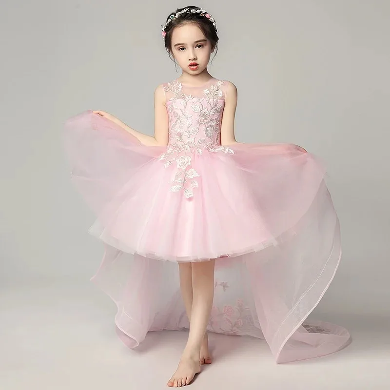 

Children Little Girls Noble Pink Color Embroidery Flowers Evening Birthday Party Dress Summer Teens Kids Wedding Pageant Dress