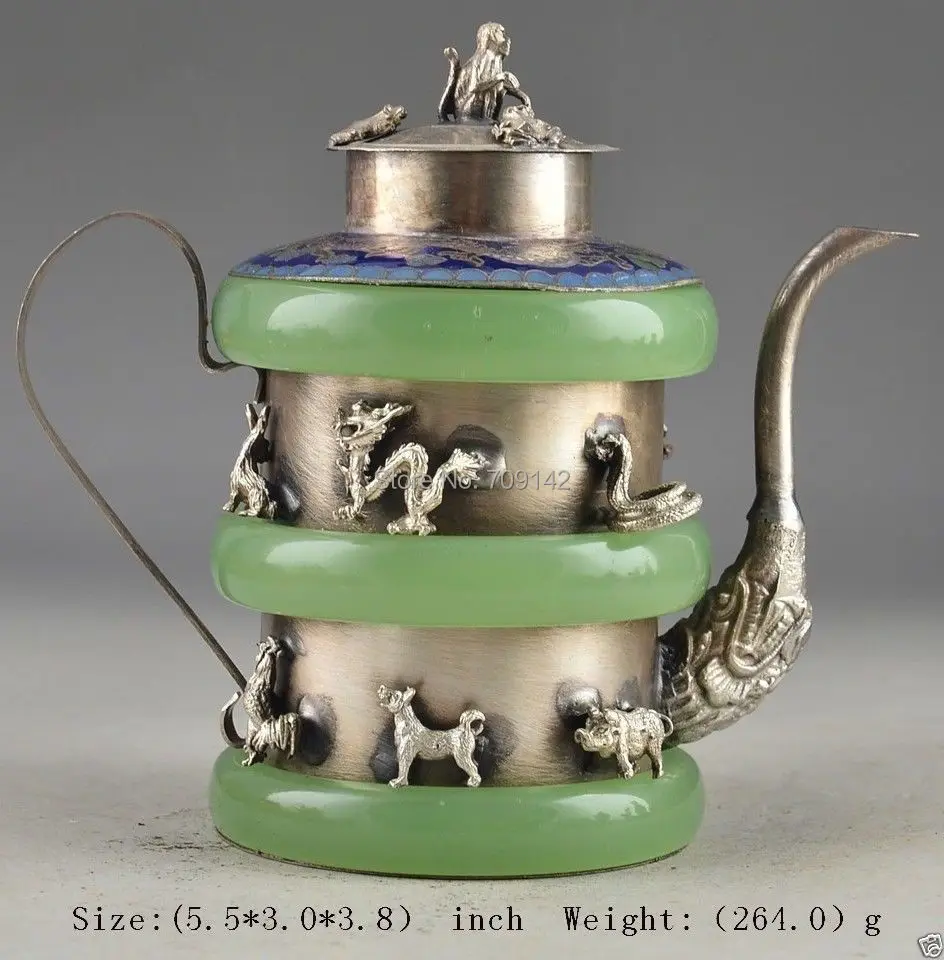 

Decoration Ancient Handmade Jade Inlay silver 12 Zodiac TeaPot monkey lid Tea pot Handwork Statue Tibet Miao Antique Old Silver