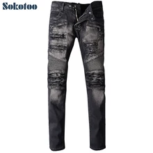 Sokotoo мужская мода черные дыры ripped байкерских джинсы для moto Мужчина случайно плиссированные стрейч джинсовые брюки Длинные брюки