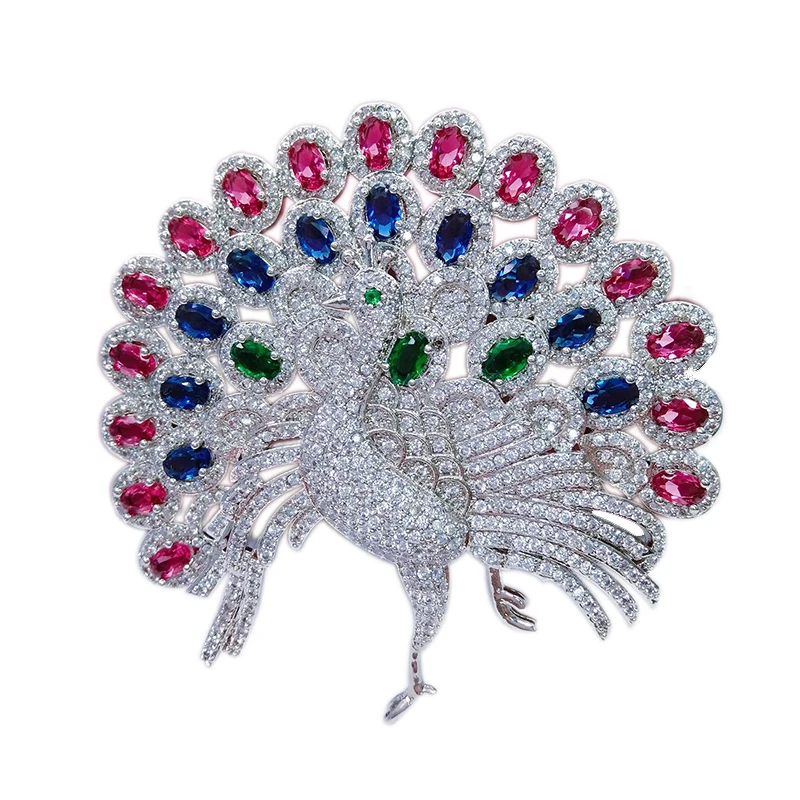 

Luxury Large Tail Peacock Animal Pins and Brooches for Women Red/Blue Cystal CZ Zircon Broches Fashion Jewelry Wedding Gift X316