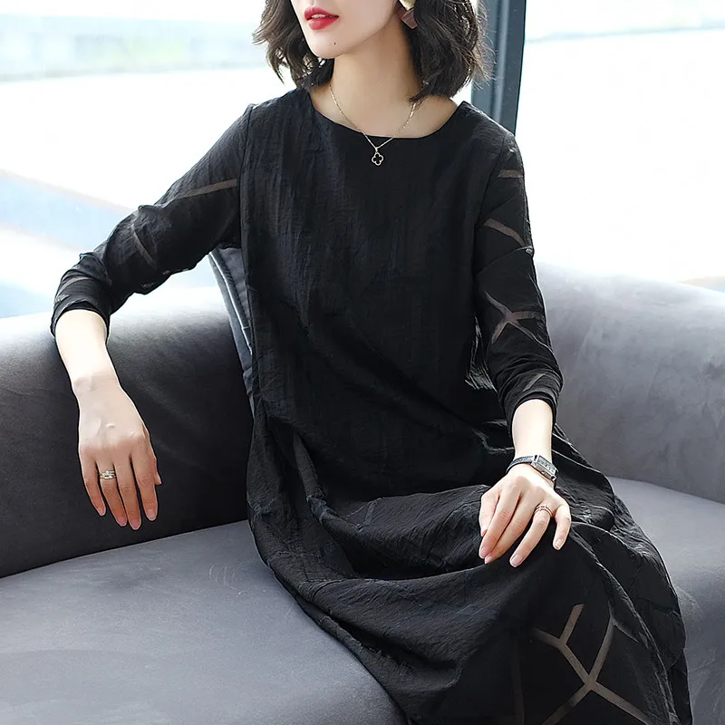 

Spring and Autumn 2019 new slim Dress temperament fashion Summer Women's Large Size loose Dress black X495