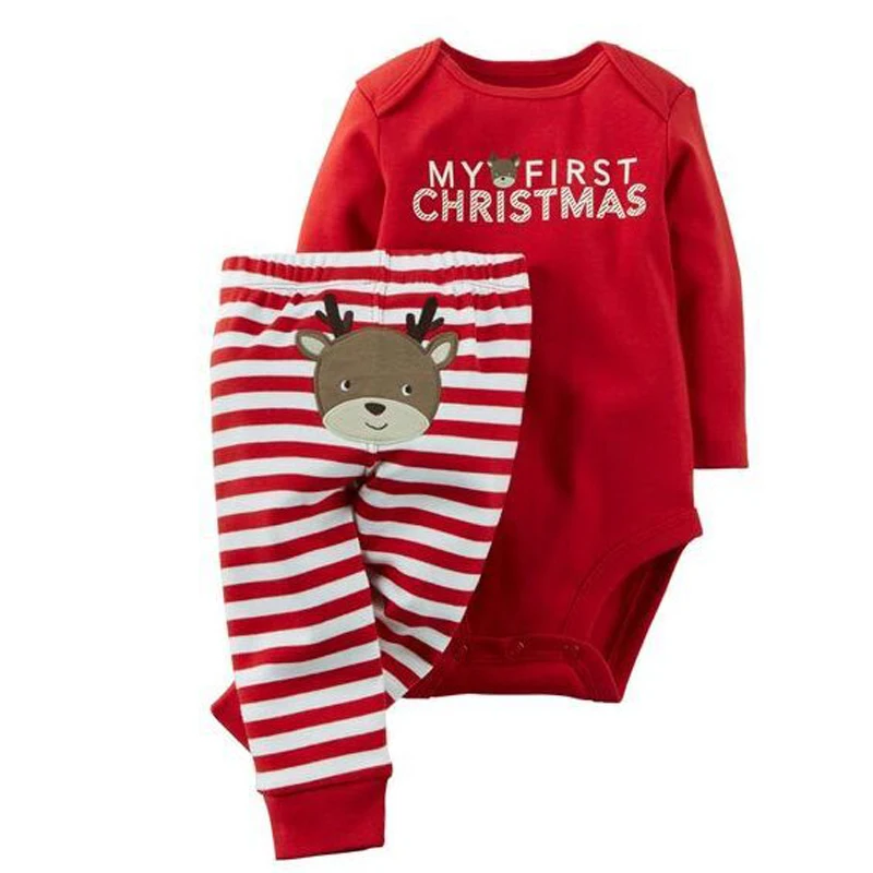 Новогодний комплект одежды для малышей, повседневный комбинезон для новорожденных девочек с надписью «MY First Christmas», боди+ штаны в полоску Одежда с оленями из 2 предметов DS19