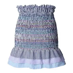 Высокий эластичный пояс юбки лето Для женщин Повседневное Цвет полосатый плиссированная юбка для девочек универсальные мини-юбка W2