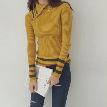 

2018 selling women sweater core yarn high collar zipper sleeve sweater striped backing sweater woman