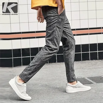 

KUEGOU 2019 Autumn Striped Dark Grey Linen Pants Men For Trousers Men Fashions Long Male Brand Clothing Casual Pants New 1914