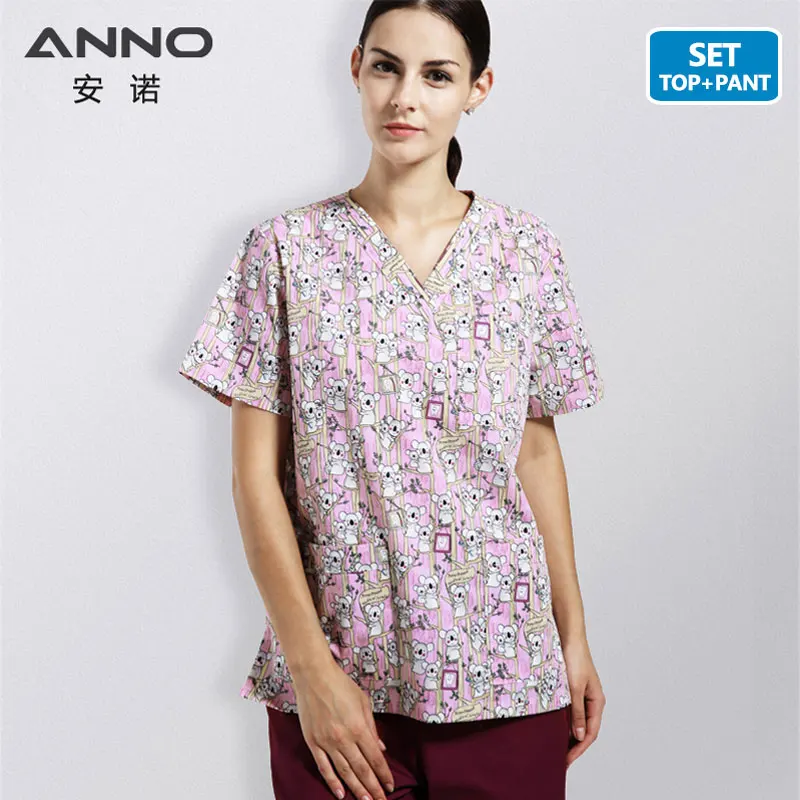 

ANNO Cotton Hospital Uniforms with Cartoon Bear Healthy Care Nursing Uniform Medical Women Man Scrubs Short Sleeves Medial Suit