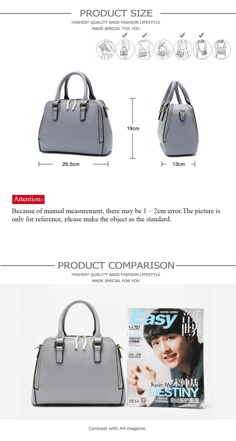 women leather handbags size