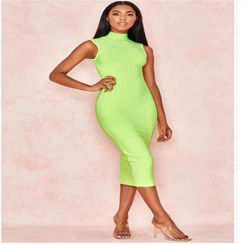 

2019 Europe and America spring and summer new green high collar sleeveless solid color simple slim bandage dress sexy fashion w