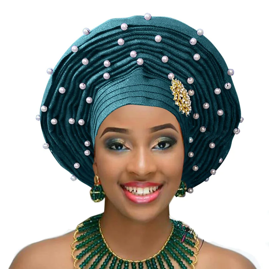 turquoise Aso oke gele nigerian woman headtie with white beads african woman auto gele for wedding headwear 2018