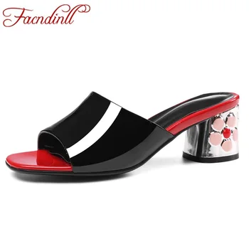

FACNDINLL women shoes patent leather flowers high heels party wedding shoes women beach sandals high heels sexy lady slipper