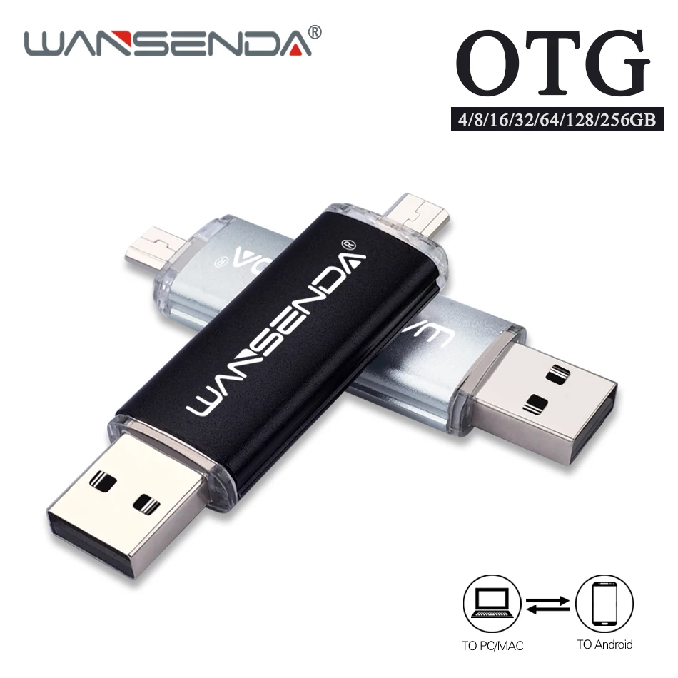 WANSENDA OTG USB флэш накопитель металлический 8 ГБ 16 32 64 Гб 128 256 флешки 2 в 1 Micro usb палка