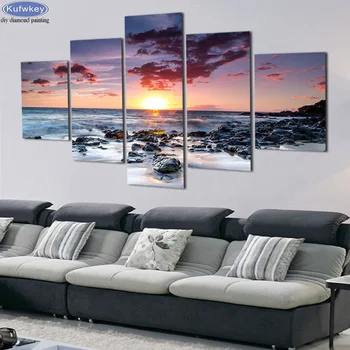 

diy diamond painting cross stitch kit 5 Panel Sunset Seascape Pictures Mosaic Painting Diamond Embroidery square/round drill