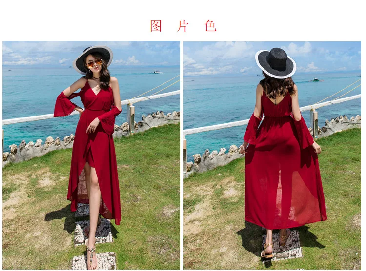 Snordic глубокий v-образный вырез с длинным рукавом сексуальное пляжное платье женское летнее шифоновое длинное платье без бретелек платье женское Красное Vestidos