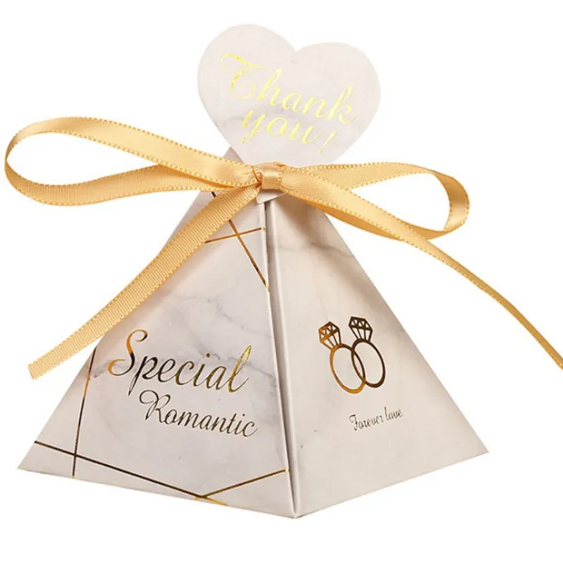 

Romantic Triangular Pyramid Style paper Candy Box Wedding Favors Party Supplies Paper Gift Boxes with THANKS Card & Ribbon