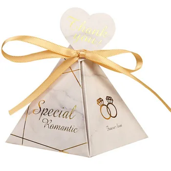 

Romantic Triangular Pyramid Style paper Candy Box Wedding Favors Party Supplies Paper Gift Boxes with THANKS Card & Ribbon