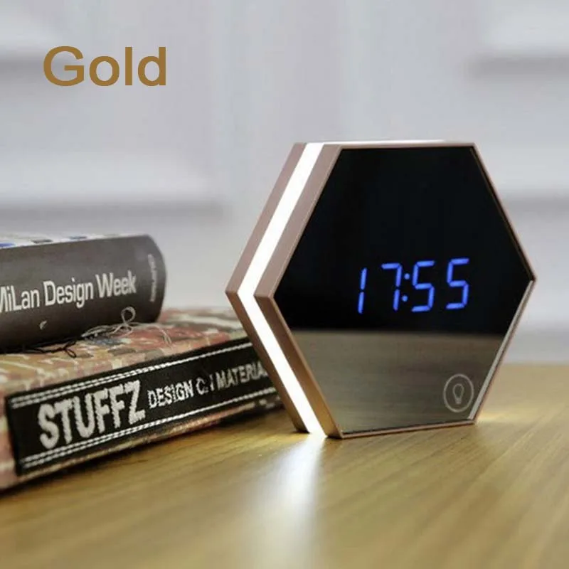 Newest Multifunction Mirror Glass Alarm Clock Night Lights Snooze Light emitting Thermometer