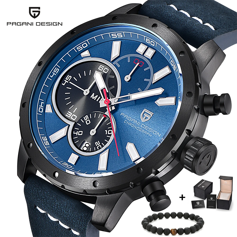 

PAGANI black blue men's watches leather straps top luxury brand quartz-watch fashion chronograph stainless steel wristwatch men
