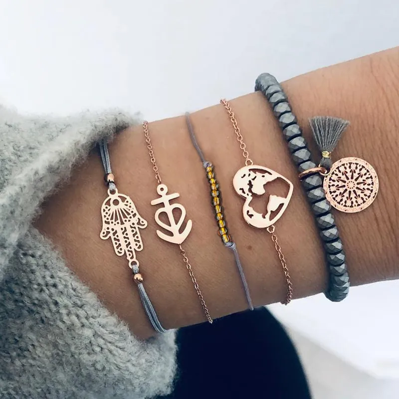 Ахмед 5 шт./компл. Bohemian серый веревки Бусы Браслеты с кисточкой браслеты для Для женщин рисунок «сердечко»; Ладонь(хамса) ручная Браслеты наборы для ухода за кожей