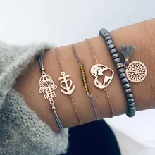 Ахмед 5 шт./компл. Bohemian серый веревки Бусы Браслеты с кисточкой браслеты для Для женщин рисунок «сердечко»; Ладонь(хамса) ручная Браслеты наборы для ухода за кожей