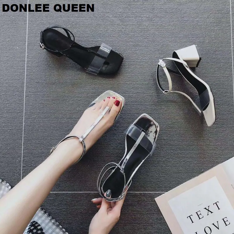 

Summer Women Sandals Square Toe Buckle Strap Transparent Simple High Heel Sandal Fashion Narrow Band sandalias mujer Dress Shoes