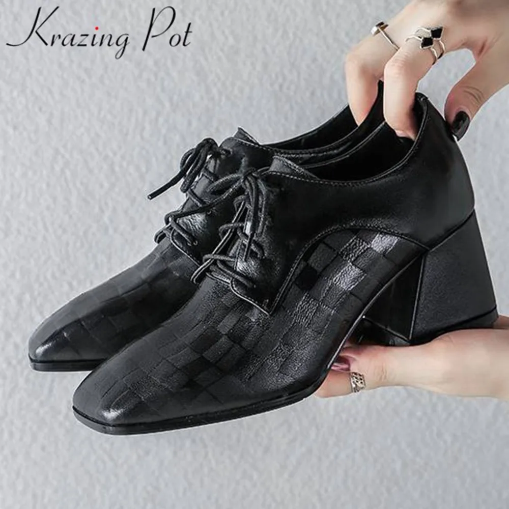 

Krazing Pot handmade new fashion thick heels lace up British style office lady vintage cow leather large size women pumps L02