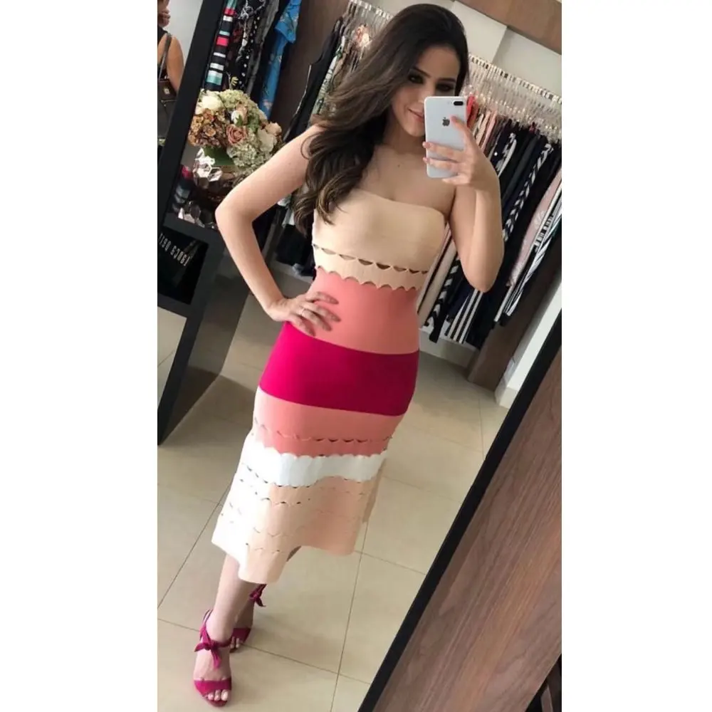

Strapless Bandage Dress Color Patchwork Hollow Out Sleeveless Winter Celebrity Party Elegant Dresses