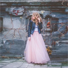 FOLOBE New Arrival Vintage Style 7 Layers Long Tulle Skirt Pink High Waist Womens Skirts Adult Faldas Faldas Jupe Saia