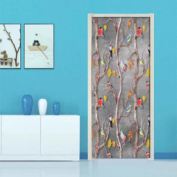 

Creative DIY 3D Wall Door Sticker Watercolor Cartoon Flowers Birds Wallpaper Living Room PVC Waterproof Self-Adhesive Door Decor