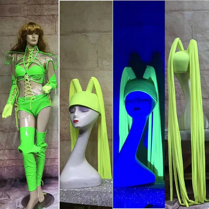 

Fluorescent female warrior stage costume sets transparent top bar DJ DS GOGO stage Performance show Long tassel headdress