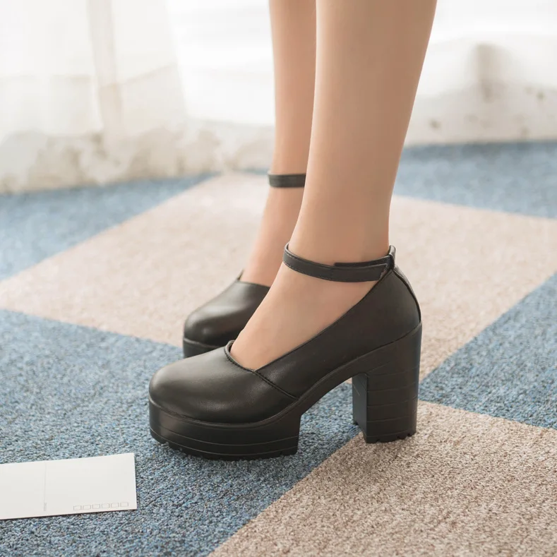 

Work shoes word buckle thick with high heel shoes black pu waterproof platform small size high heels female wild.
